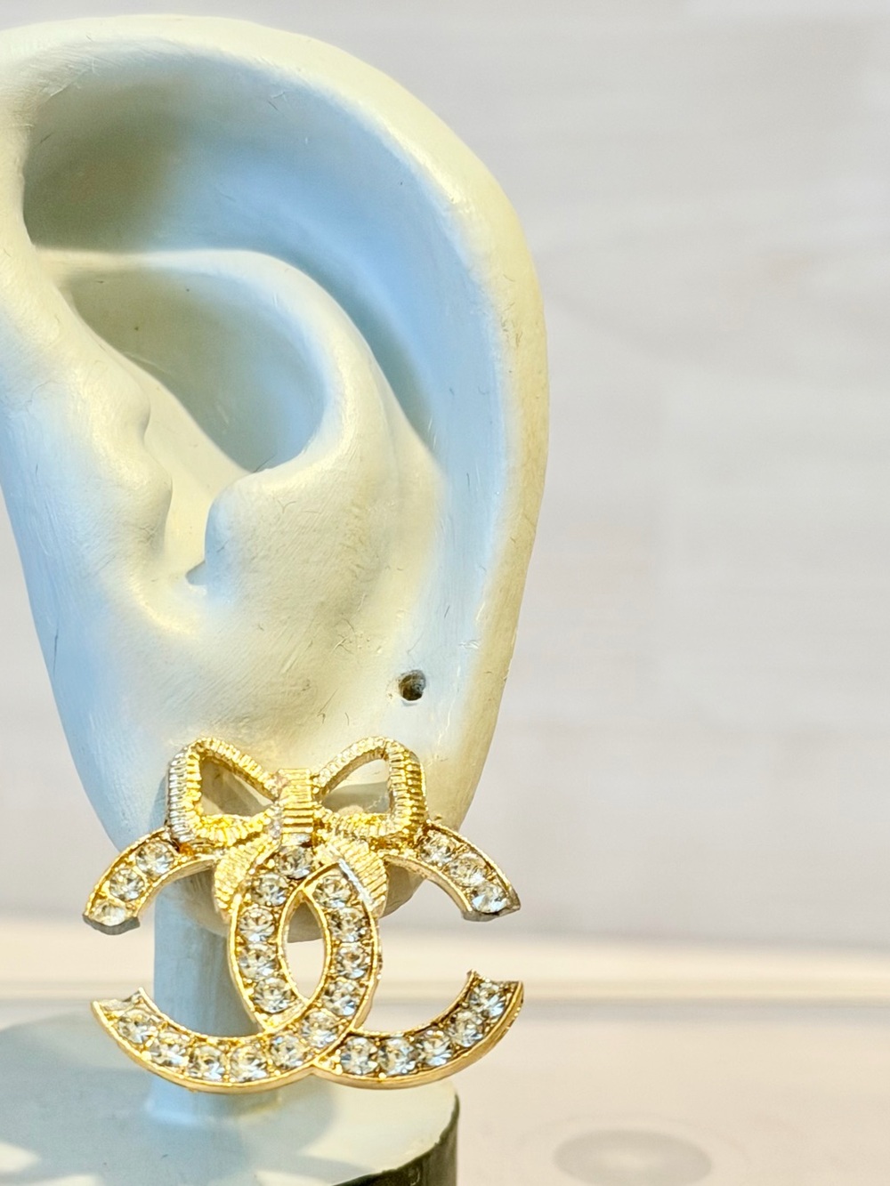 CC Gold-Tone Crystal Bow CC Logo Earrings